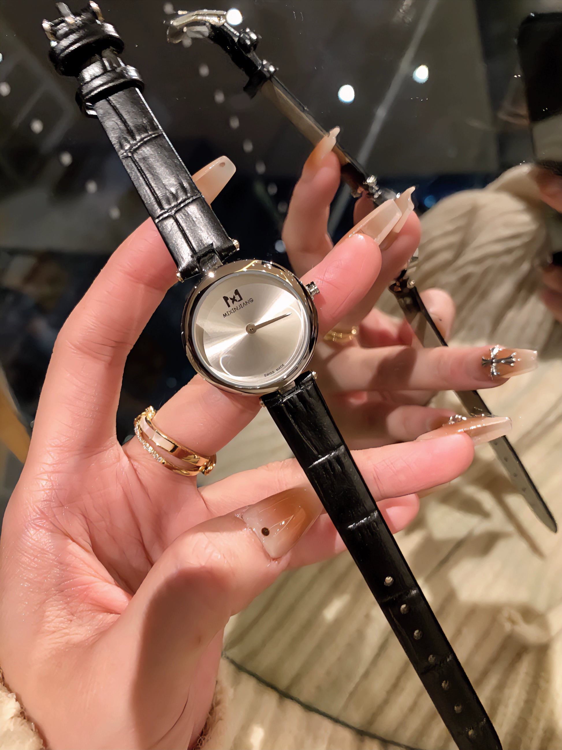 Elara Delicate Round Watch - Silver Dial, Black Textured Strap [CGS7MF28]