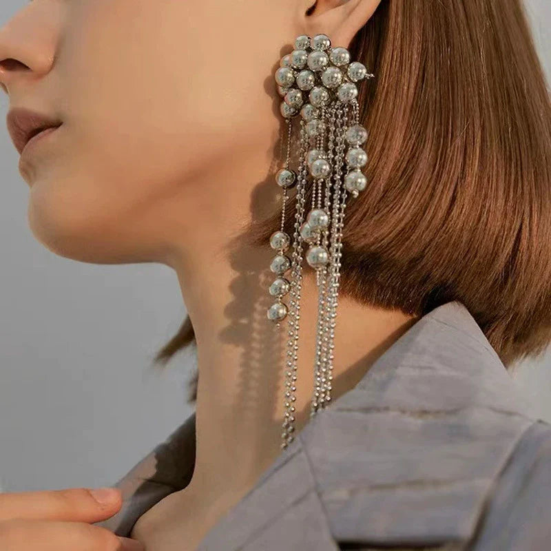 Moana Silver Beaded Tassel Earrings - Single Tassel Earring