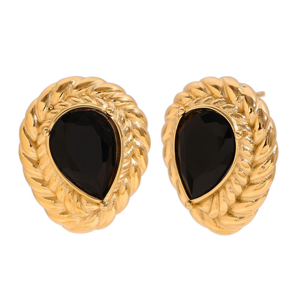 Miliani Irregular Geometric Earrings - Wheat Ear Pattern Water Drop Stud Earrings - Gold - Black Diamond [LC33AGRW]