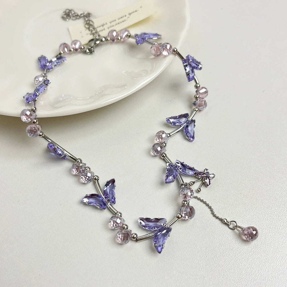 Lauryn Butterfly Tassel Necklace - Rhinestone Butterfly Beaded Tassel Necklace [41BUBYOT]