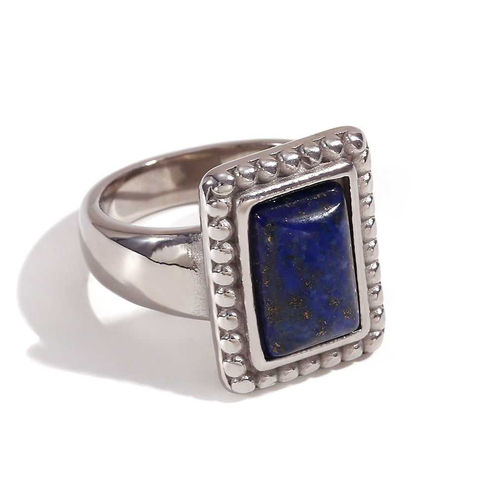 Shaindy Retro Stone Rings - Lace Rectangular Natural Stone Ring - Steel - Lapis Lazuli - Size 6 [8LC46N5Q]