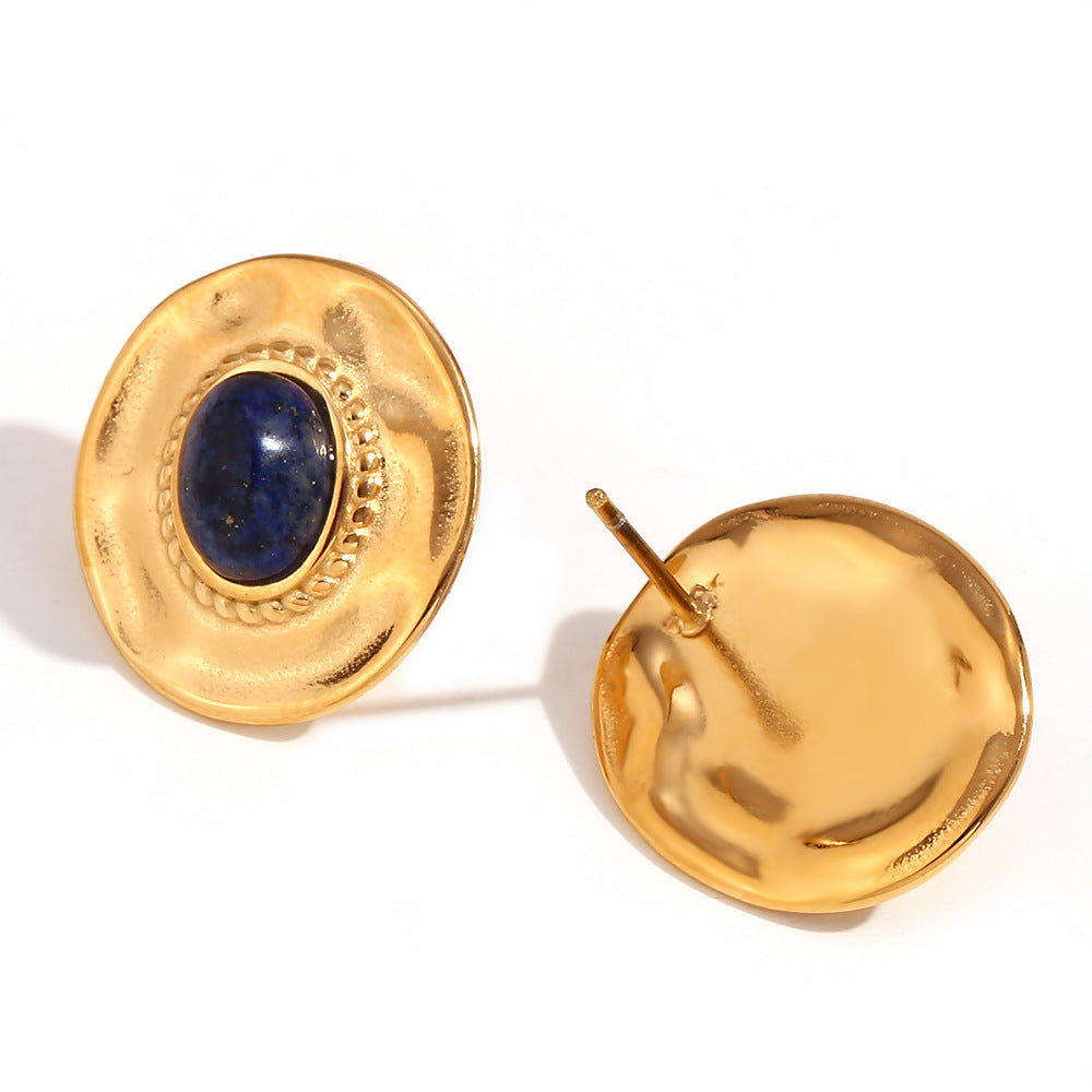 Amberley Hammered Geometric Earrings - Oval Natural Stone Stud Earrings - Gold Lapis Lazuli [WSWI16RQ]