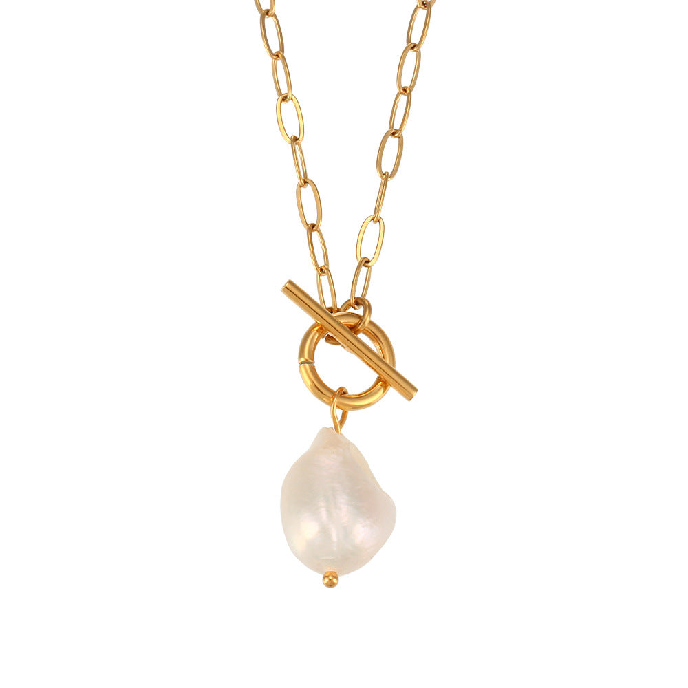 Hazel Baroque Pearl Paperclip Necklace - Baroque Freshwater Pearl Paper Clip Chain Necklace [WB0296UO]