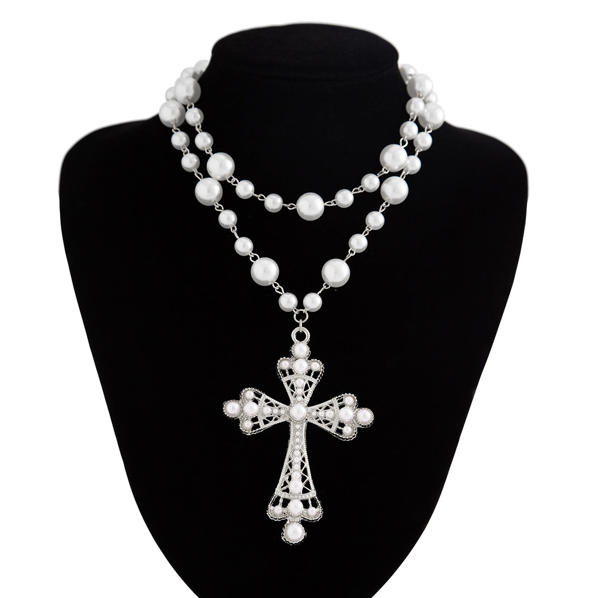 Daenerys Layered Pearl Cross Necklace - Silver [XSQUWSUB]