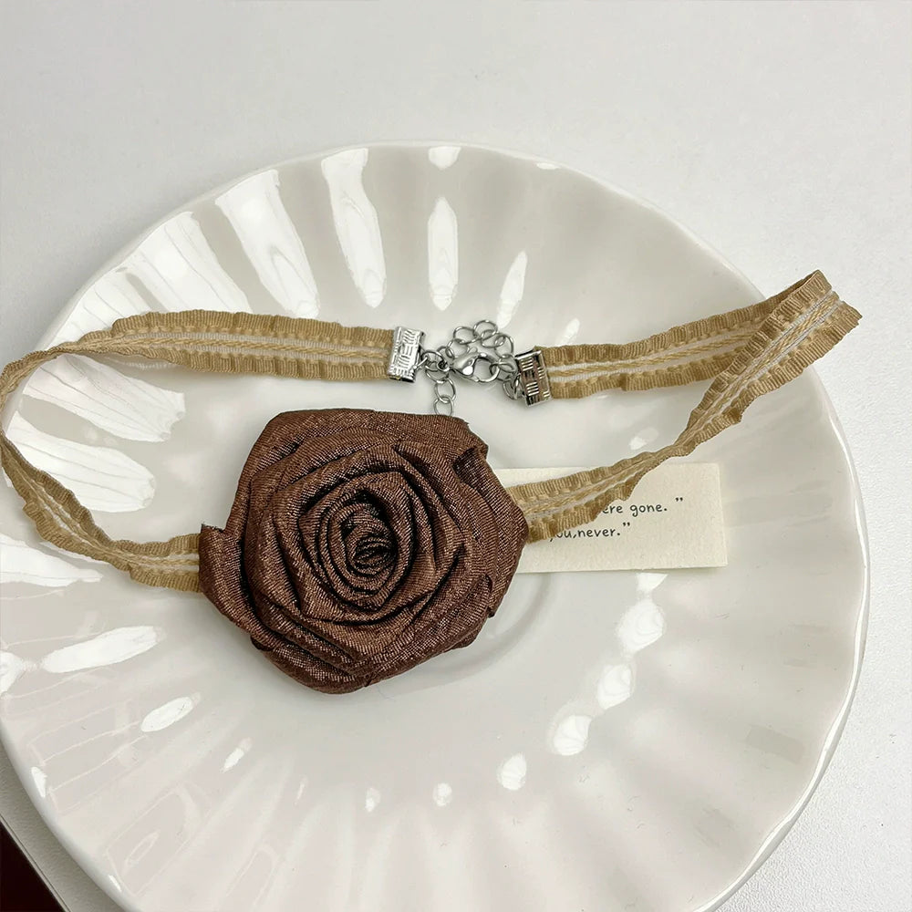 Coco Rose Ribbon Choker - Dark Brown Flower Necklace
