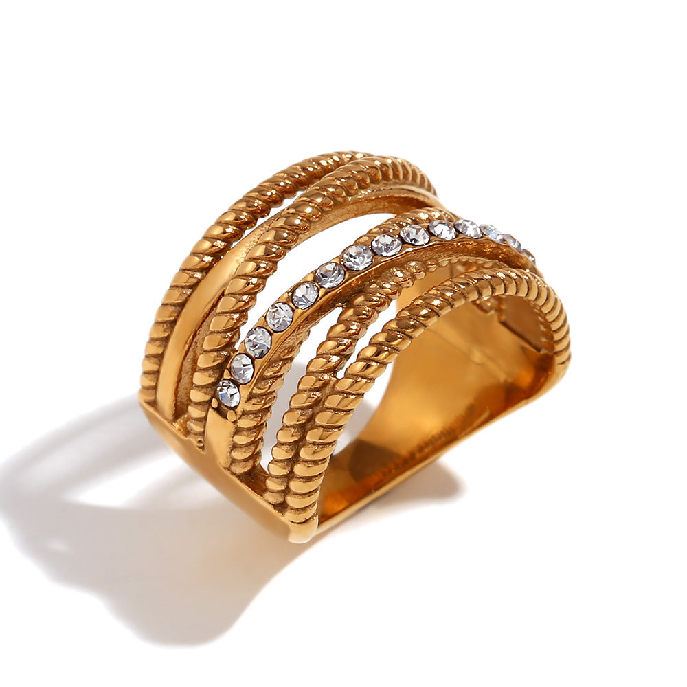 Avri Geometric Ring Collection - Multi-Layer Cross Rhinestone Twisted Hollow Ring - Gold - Size 6 [MC2KIBKE]