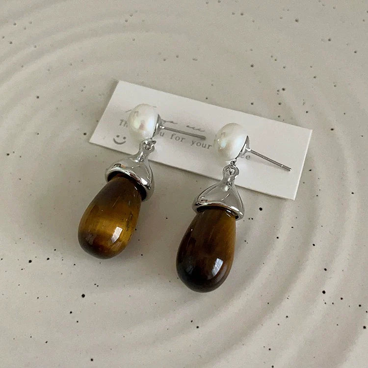 Anslee Tiger Eye Pearl Drop Earrings - Tiger Eye Stone Earrings