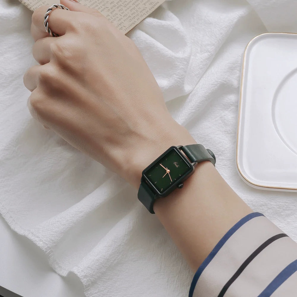 Adina Minimalist Leather Watch - Forest Green