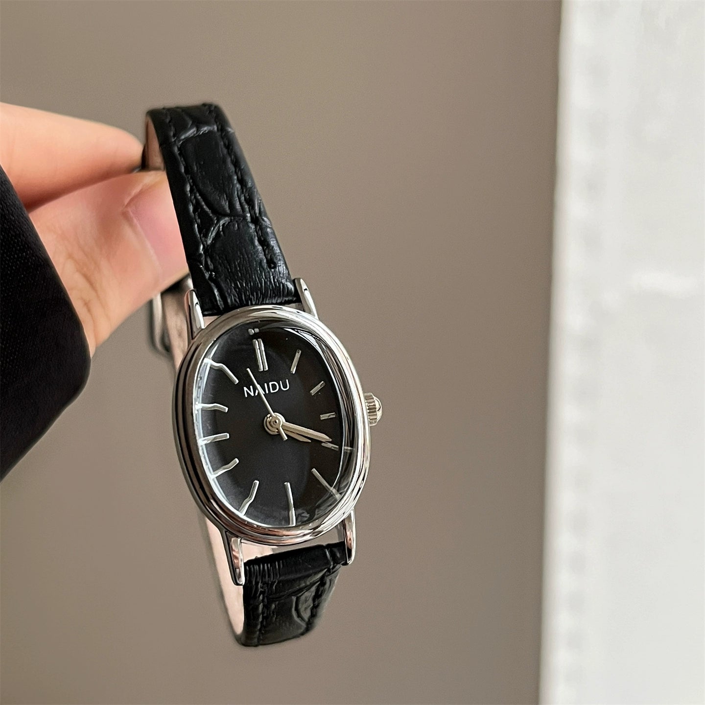 Freyja Vintage Oval Watch - Black Leather Band, Silver Frame, Black Dial [VV0X9M7O]