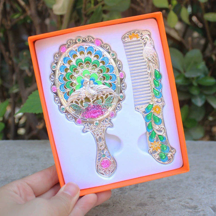 Hillary Vintage Mirror Set - Silver Spreading Tail Peacock - Yellow Box