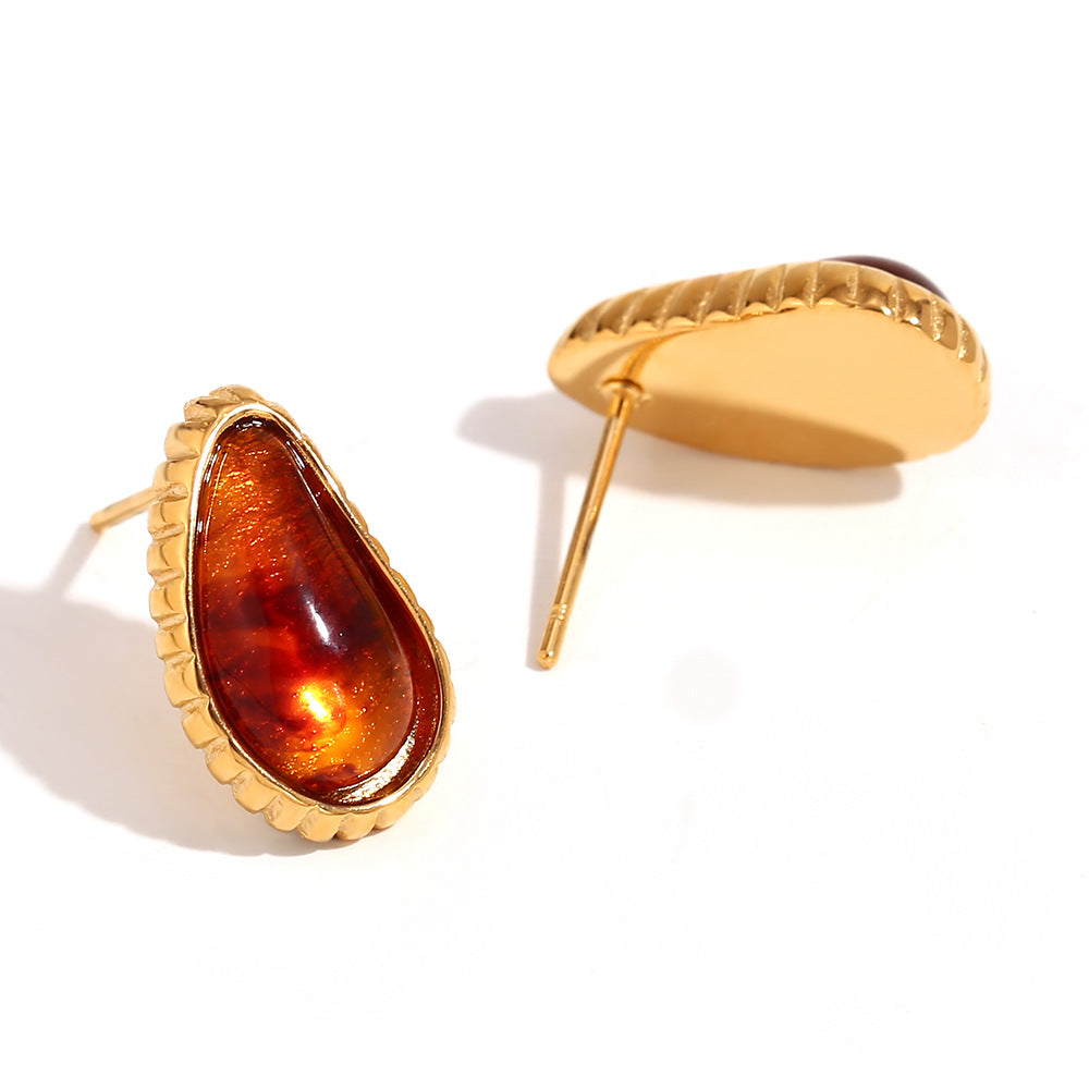 Amberley Hammered Geometric Earrings - Toothed Waterdrop Gemstone Stud Earrings - Gold Tortoiseshell [C6D5PPJE]