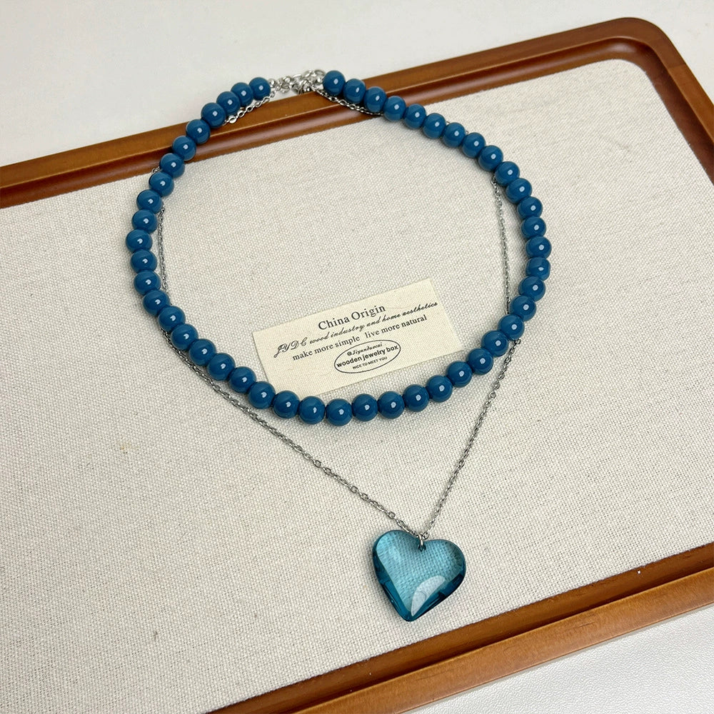Coralyn Beaded Heart Necklace - Blue Crystal Heart [1K0F05T3]