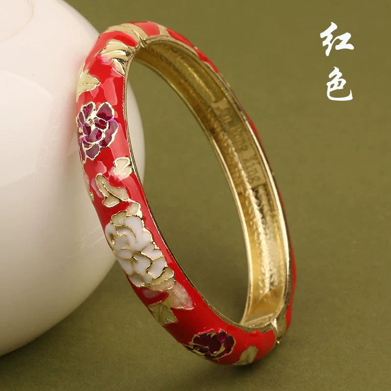Lana Chinoiserie Floral Bangle - Red (10mm)