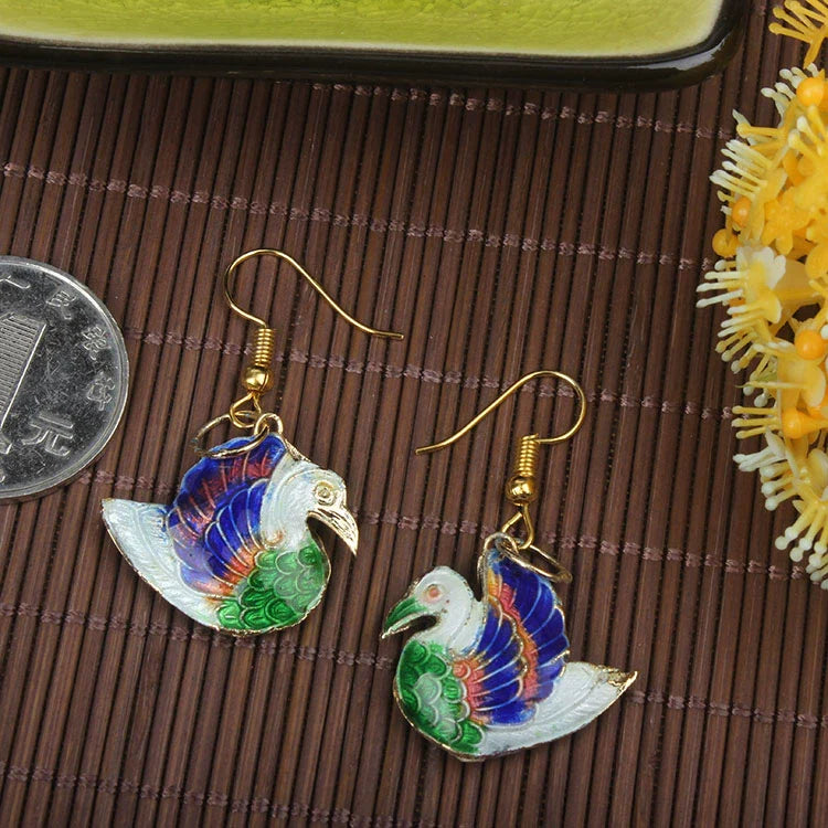 Adia Vintage Enamel Drop Earrings - Royal Blue Wing Swan