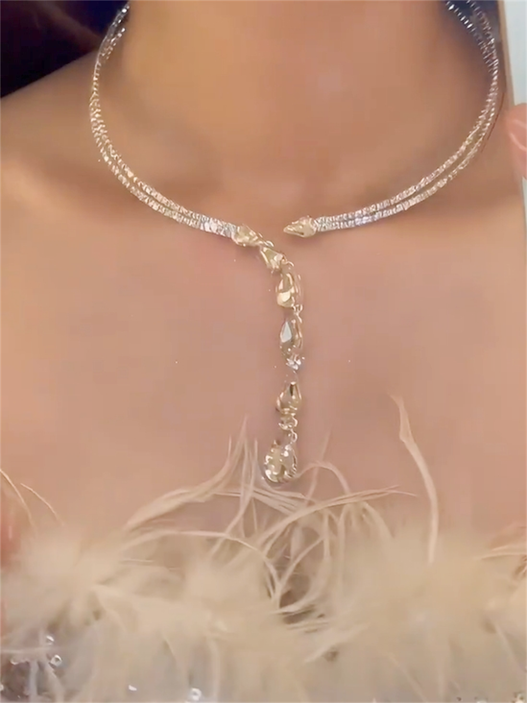 Rozlyn Layered Rhinestone Choker - Rhinestone Tassel Necklace