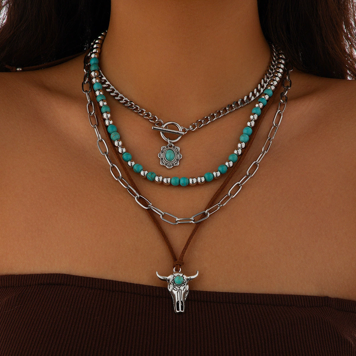Tamara Layered Turquoise Necklace - Silver Tone Style 01 [7K2NSMU3]