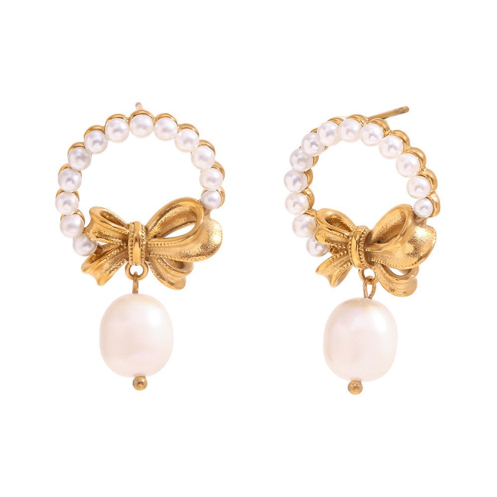 Avni Delicate Pearl Necklace - Tassel Pearl Bow Drop Stud Earring - Gold [S7L4IUYC]
