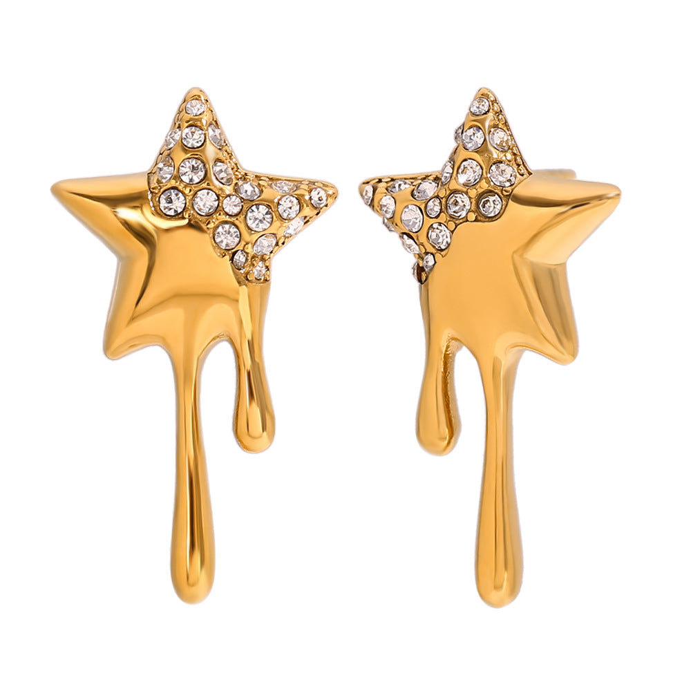 Miliani Irregular Geometric Earrings - Studded Five-Point Star Tassel Stud Earrings - Gold - White Diamond [UPX7WRVX]