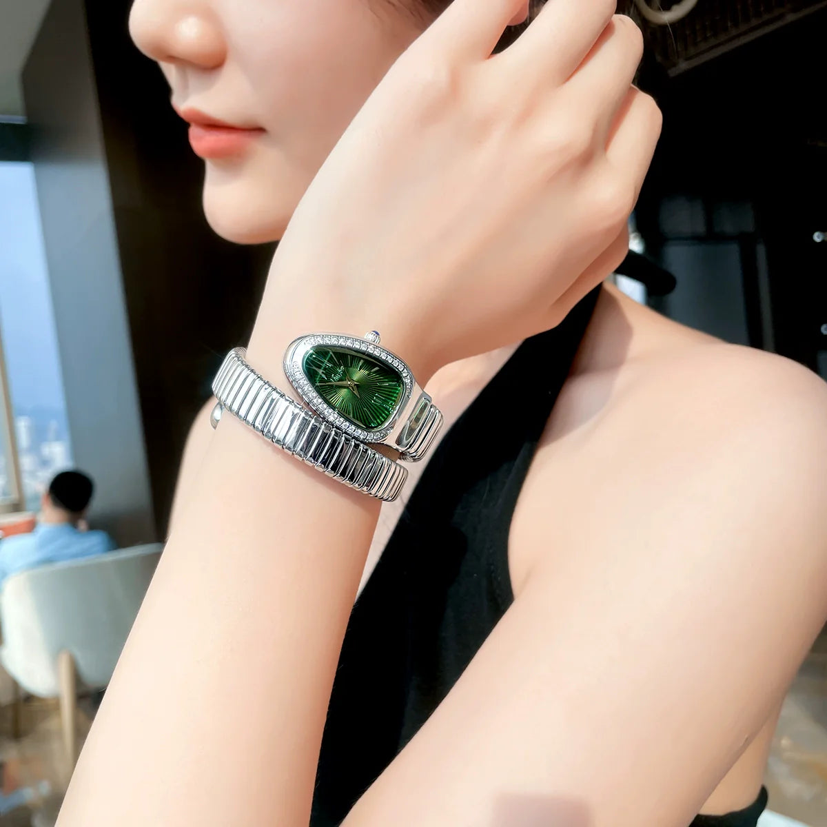 Etta Serpentine Rhinestone Watch - Silver Green Dial