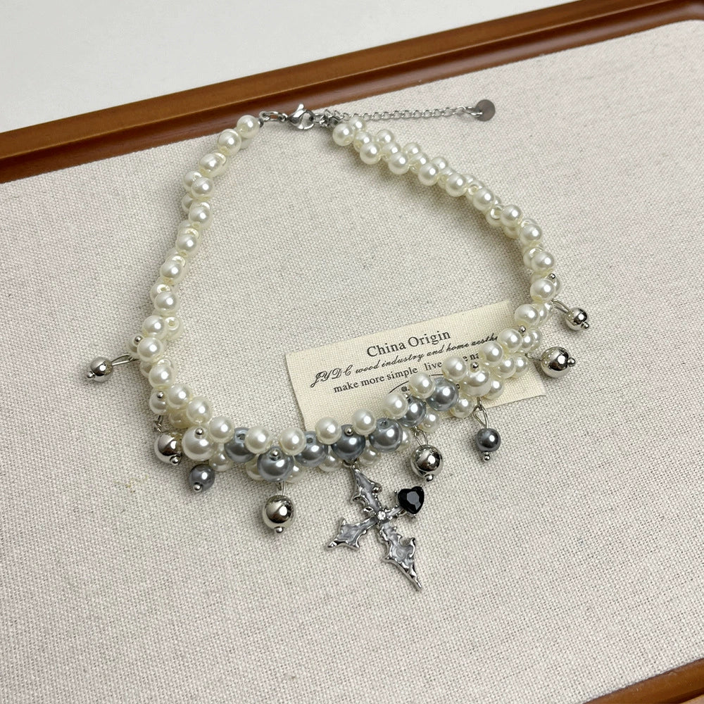 Jennie Cross Pearl Choker - Multi-layer Pearl Necklace [OZATXMOZ]