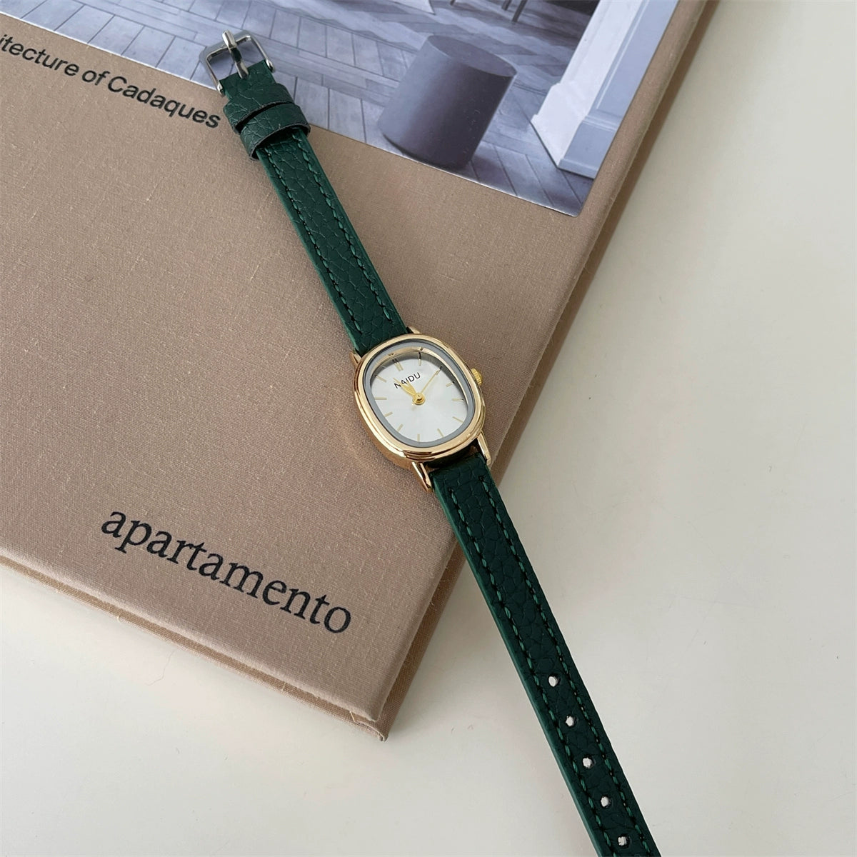 Christabel Oval Mid-Century Watch - Green Strap [CXVKT2TF]
