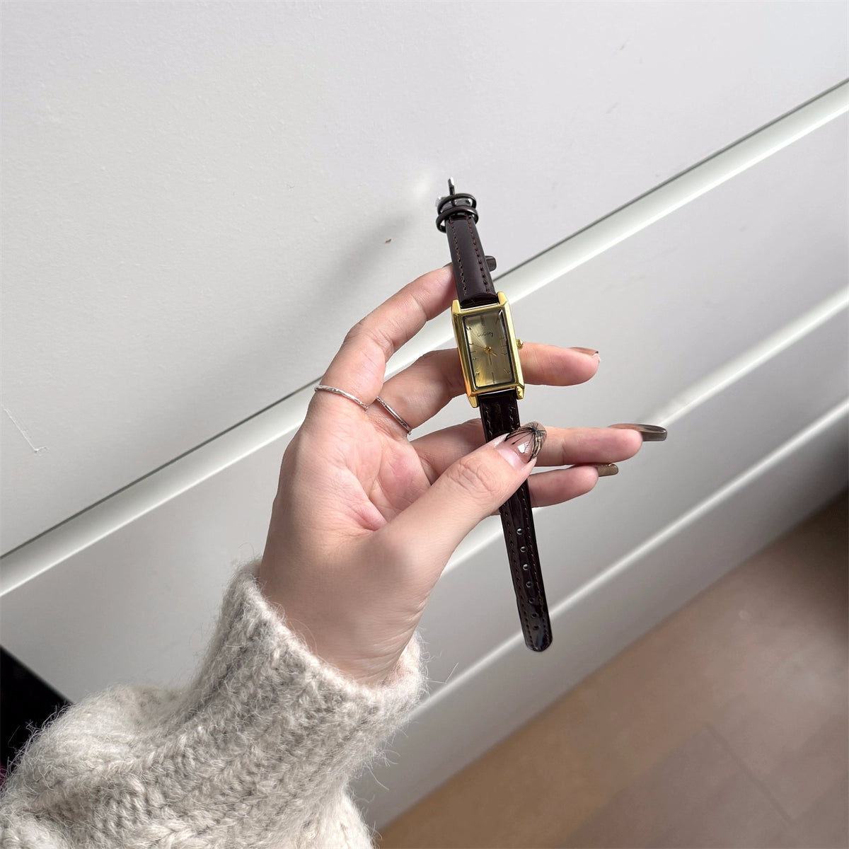Embry Rectangular Wrist Watch - Coffee Strap, Gold Frame & Face [QBUX9D6Z]