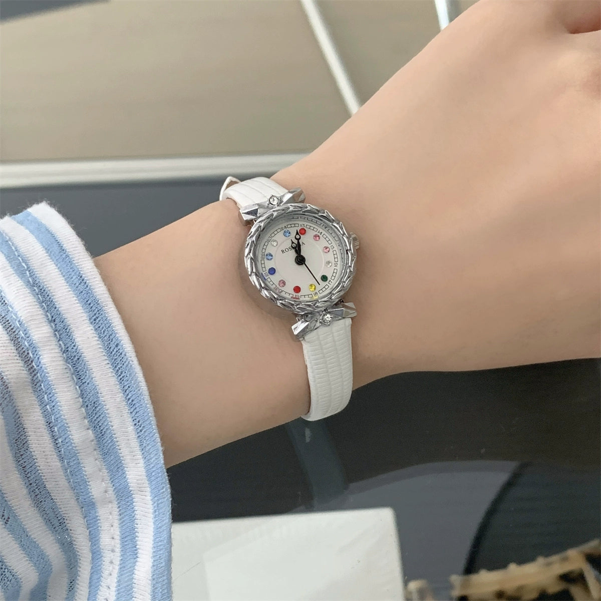 Alyanna Crystal Dainty Watch - White Strap, Silver Case [M3FTNW6P]