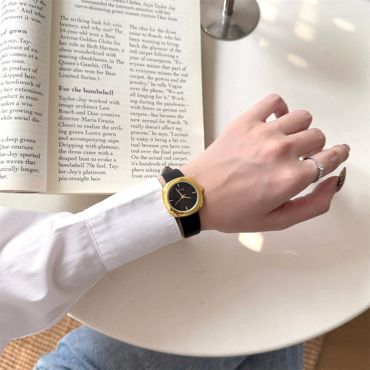 Avigayil Retro Gold Square Watch - Black Band Gold Frame Black Face [QRH0YI2O]