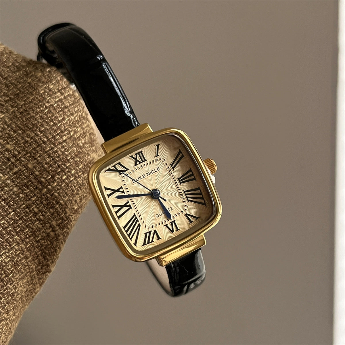 Adhira Vintage Square Watch - Black Strap Gold Case Gold Dial [3I9RHFBM]