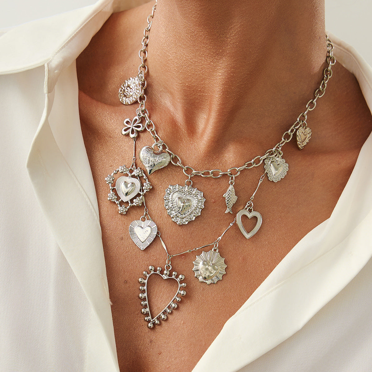 Toby Layered Heart Bloom Necklace - Style 1 Silver [7BHNIDWW]