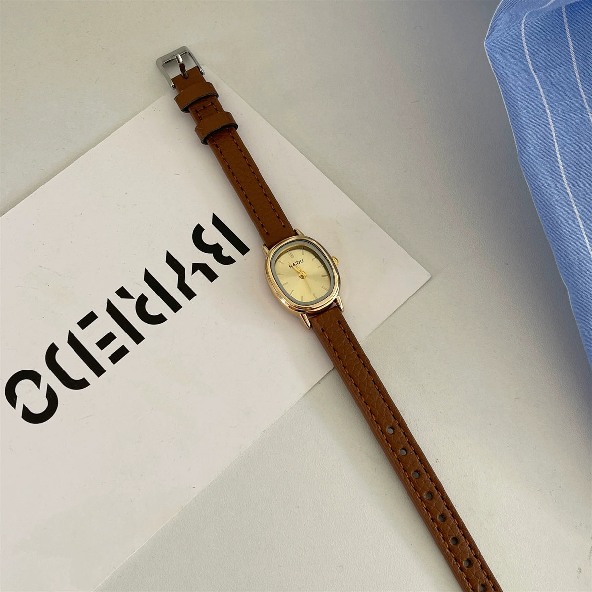 Christabel Oval Mid-Century Watch - Brown Strap [6GOKZAH5]