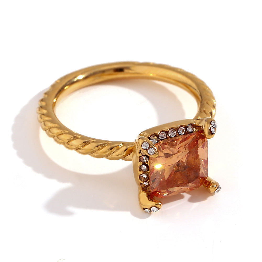 Asa Gold Retro Rings - Square Cut Zircon Twisted Band Ring - Gold Deep Champagne - Size 6 [KQMSP6KF]