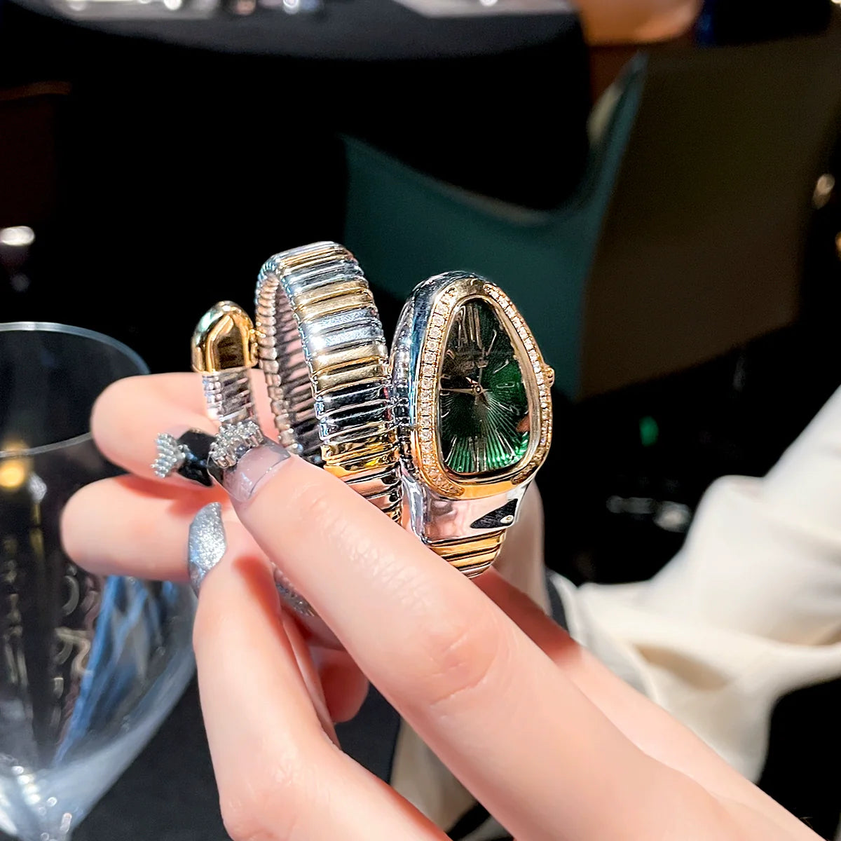 Etta Serpentine Rhinestone Watch - Two-Tone Green