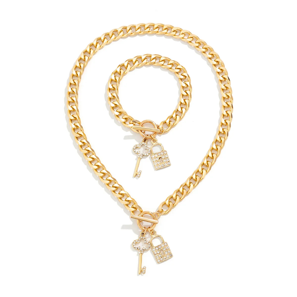 Taylee Rhinestone Lock Set - Necklace + Bracelet Set Gold