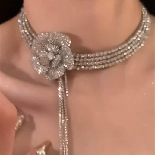 Cedar Sparkling Floral Choker - Silver Plated