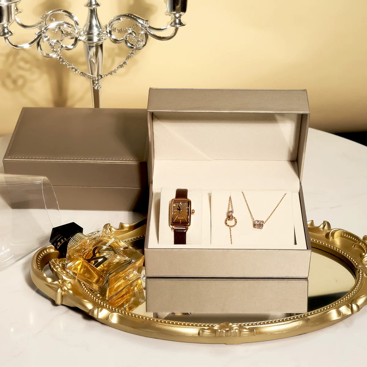 Angelica Vintage Leather Watch - Titanium Steel Bracelet & Necklace Set