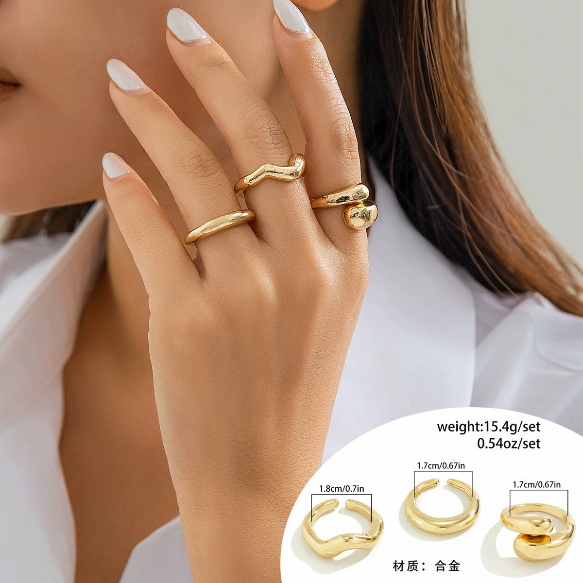 Precious Statement Ring Set - 05 Light Gold 3-Piece Set [P4ZZ1D6S]