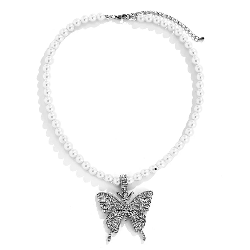Lillith Rhinestone Butterfly Choker - Silver Glass Pearl