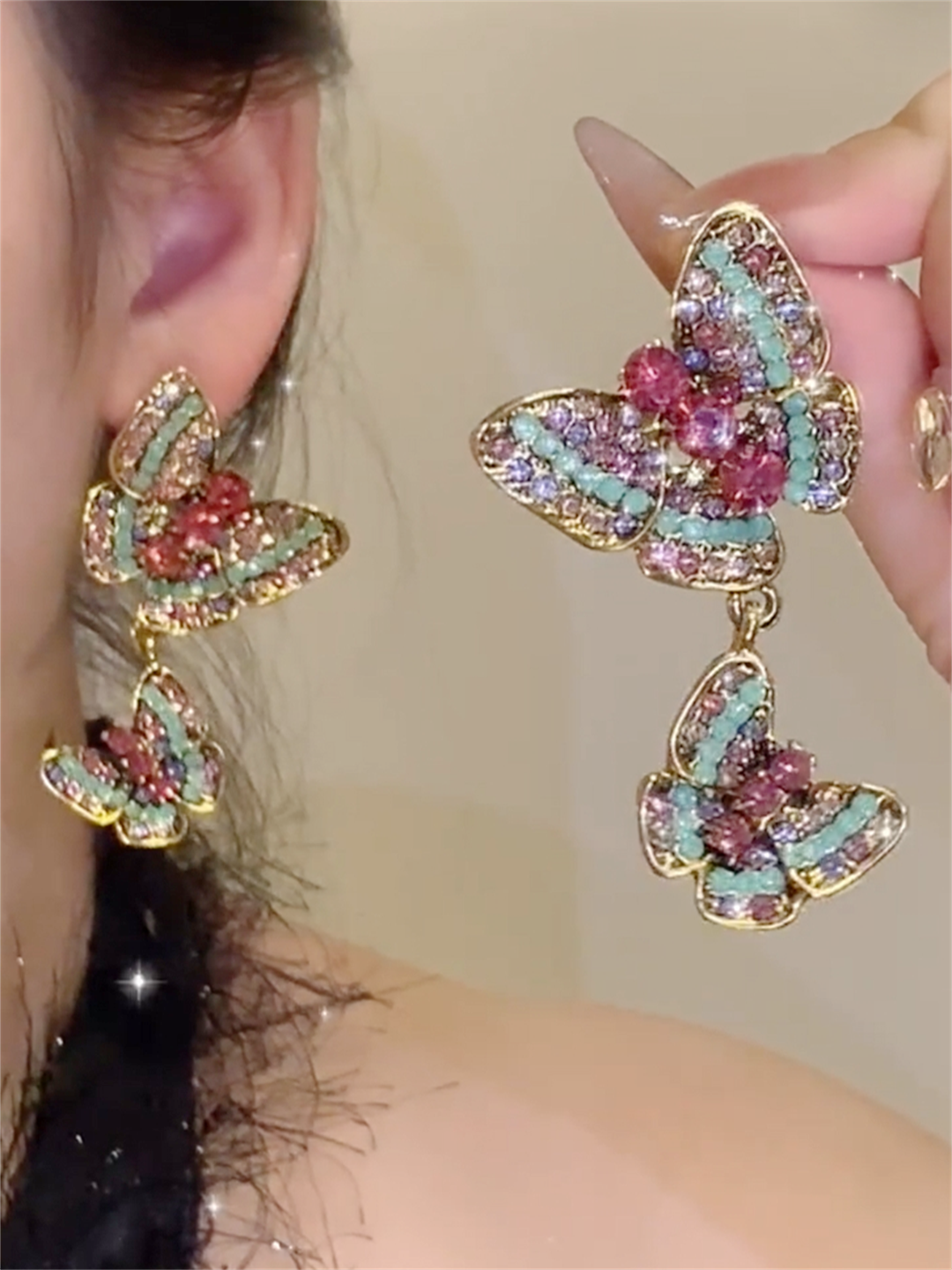 Rozlyn Regal Vibrant Butterfly Earrings - Colorful Diamond Butterfly Earrings 1 Pair (S925 Silver)