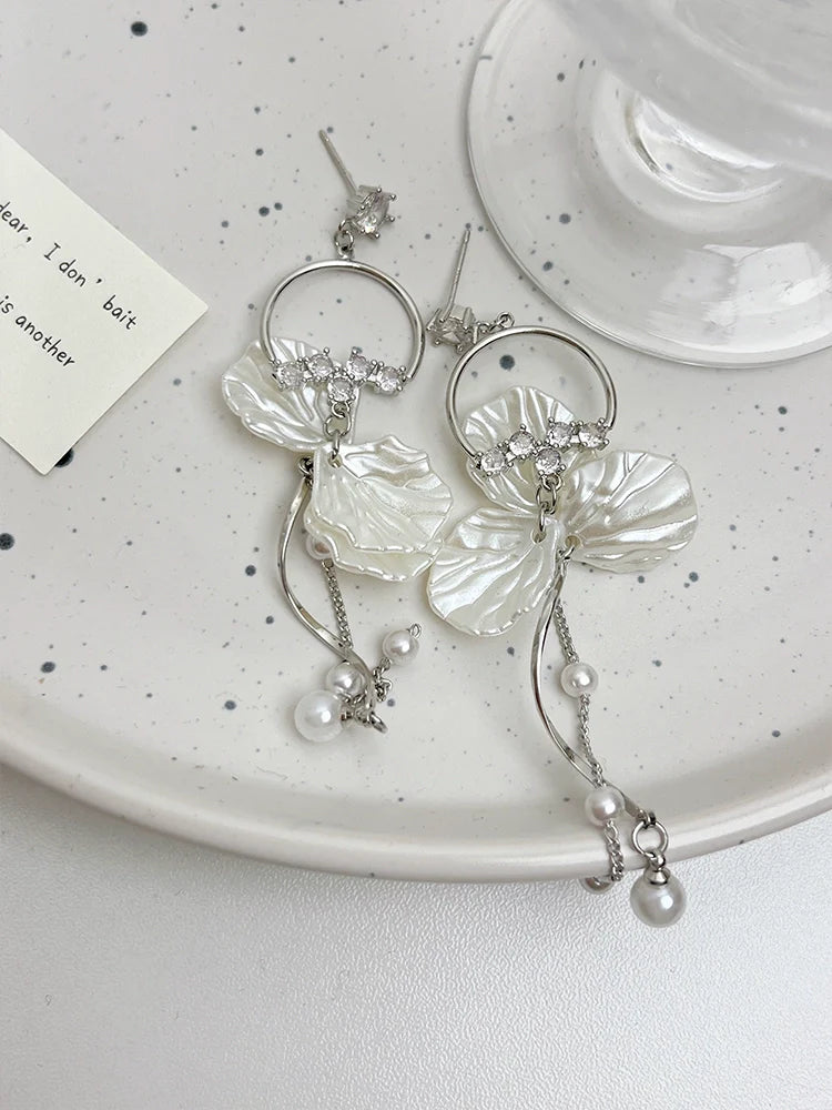 Alexzandria Floral Pearl Drop Earrings - Pearl Petal Earrings Pair
