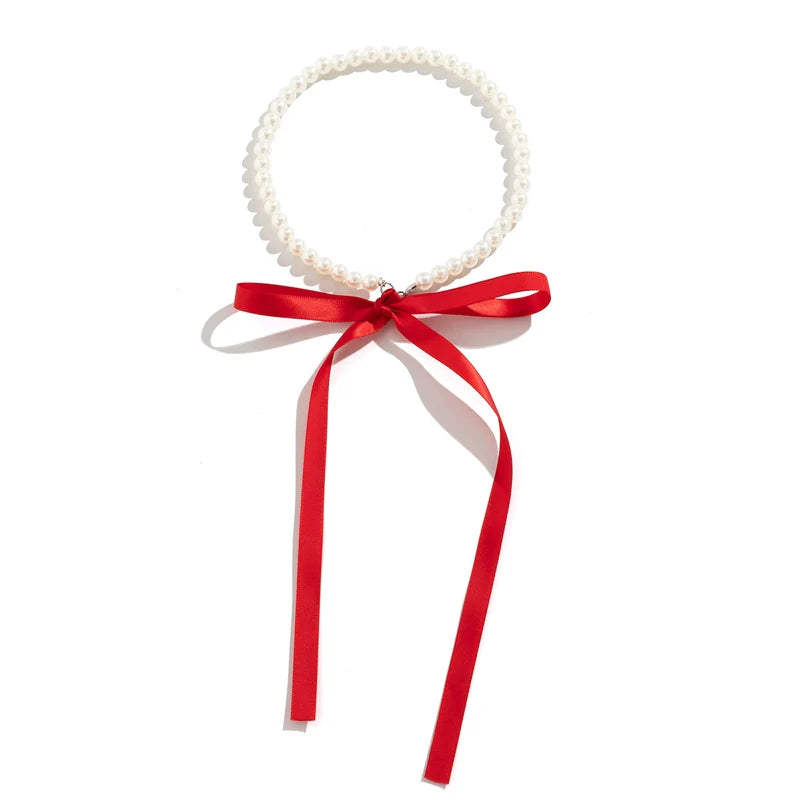 Krisha Pearl Ribbon Set - Necklace Red