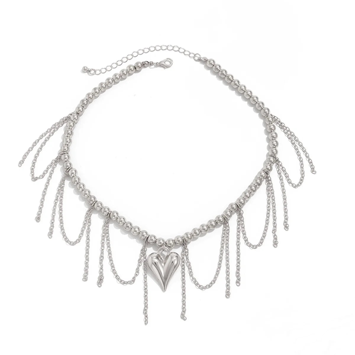 Carleigh Heart Charm Tassel Necklace - Silver CCB Beads