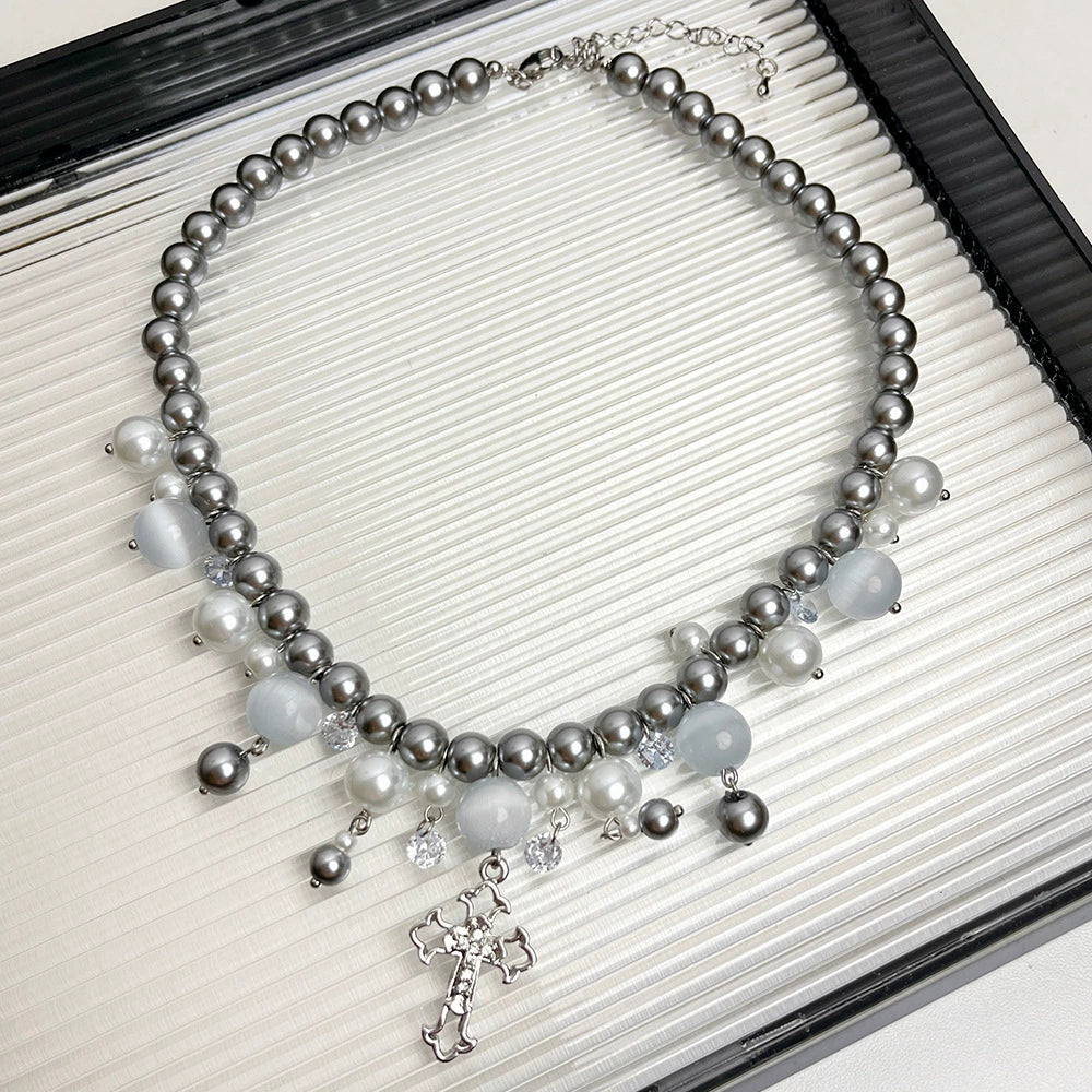 Oaklee Gray Pearl Cross Choker - Gray Pearl Necklace [VP8QEBBM]