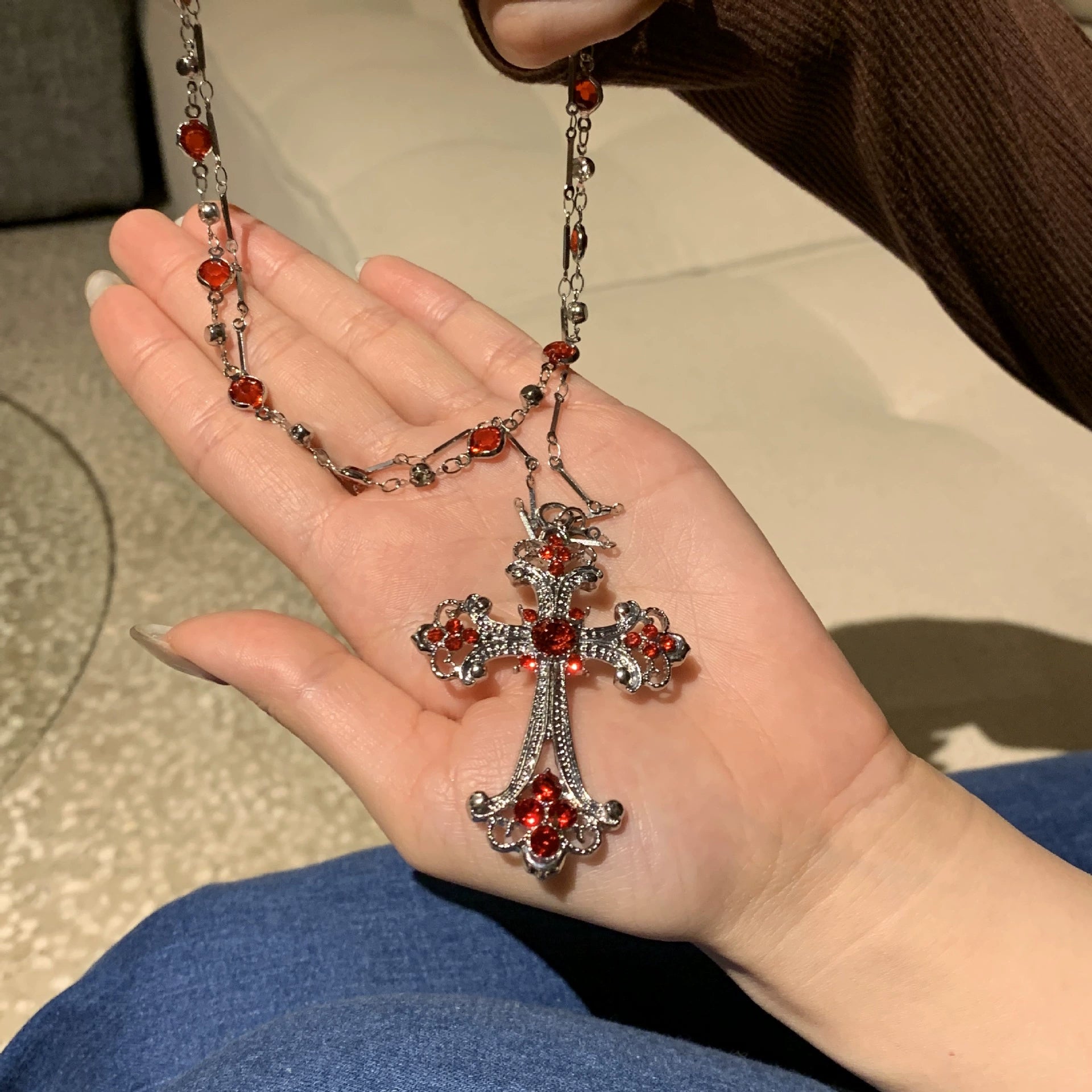 Asra Red Cross Layered Choker - Cross Double Layer Stacked Necklace [H29RY3H9]