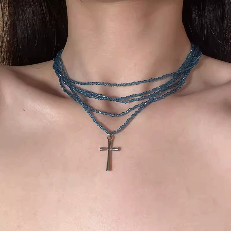 Zoha Multi-Layered Cross Choker - Blue Multi-Layered Crystal Necklace [225BK5I0]