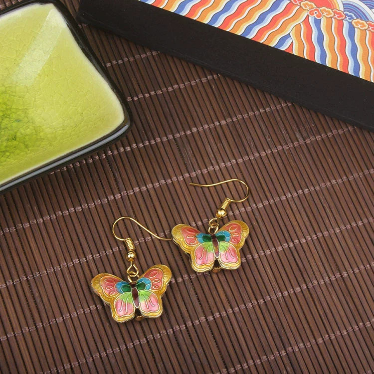 Adia Vintage Enamel Drop Earrings - Pink Butterfly