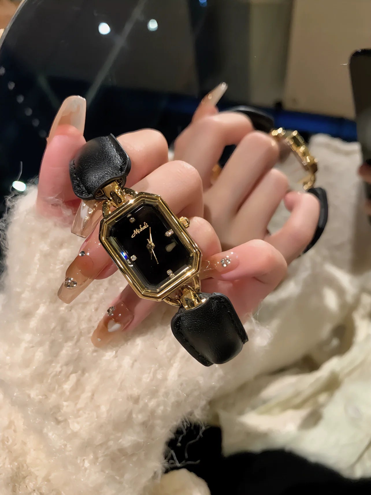 Aurelia Luxe Leather Bracelet Watch - Black with Black Face