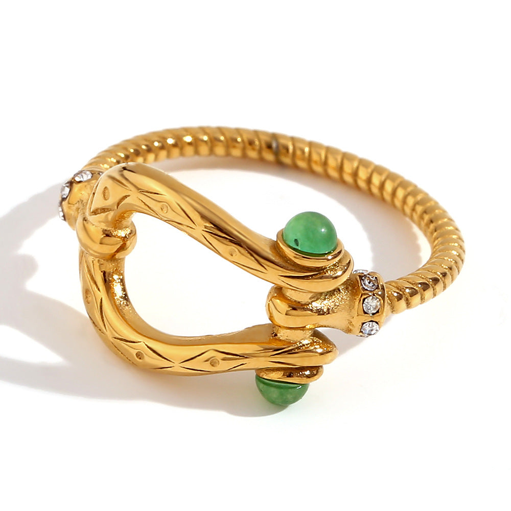 Asa Gold Retro Rings - Retro Hollow Belt Buckle Ring - Gold Green Gemstone - Size 6 [ZI36C73B]