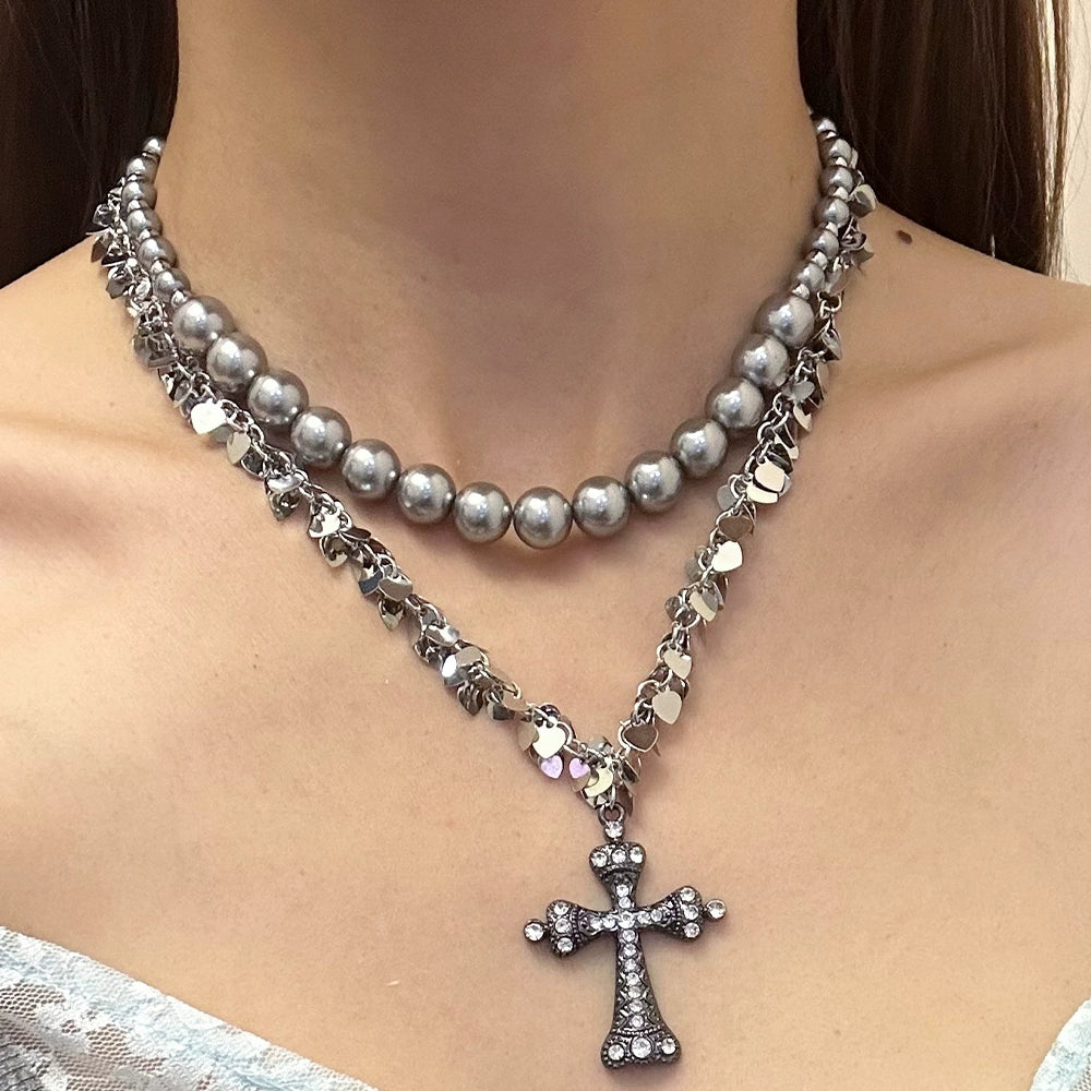 Jemima Layered Cross Pearl Necklace - Double-Layer Cross Necklace [2C5S6N9N]