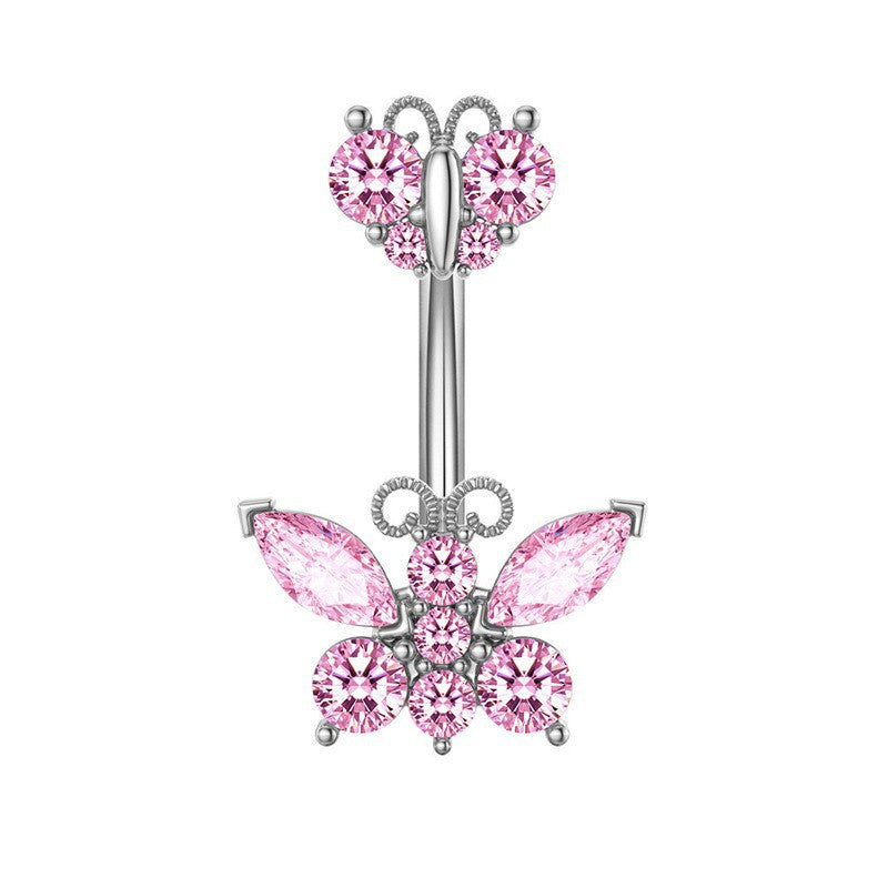 Keely Zircon Bow Navel Ring - 粉色（白金） [032V84AR]